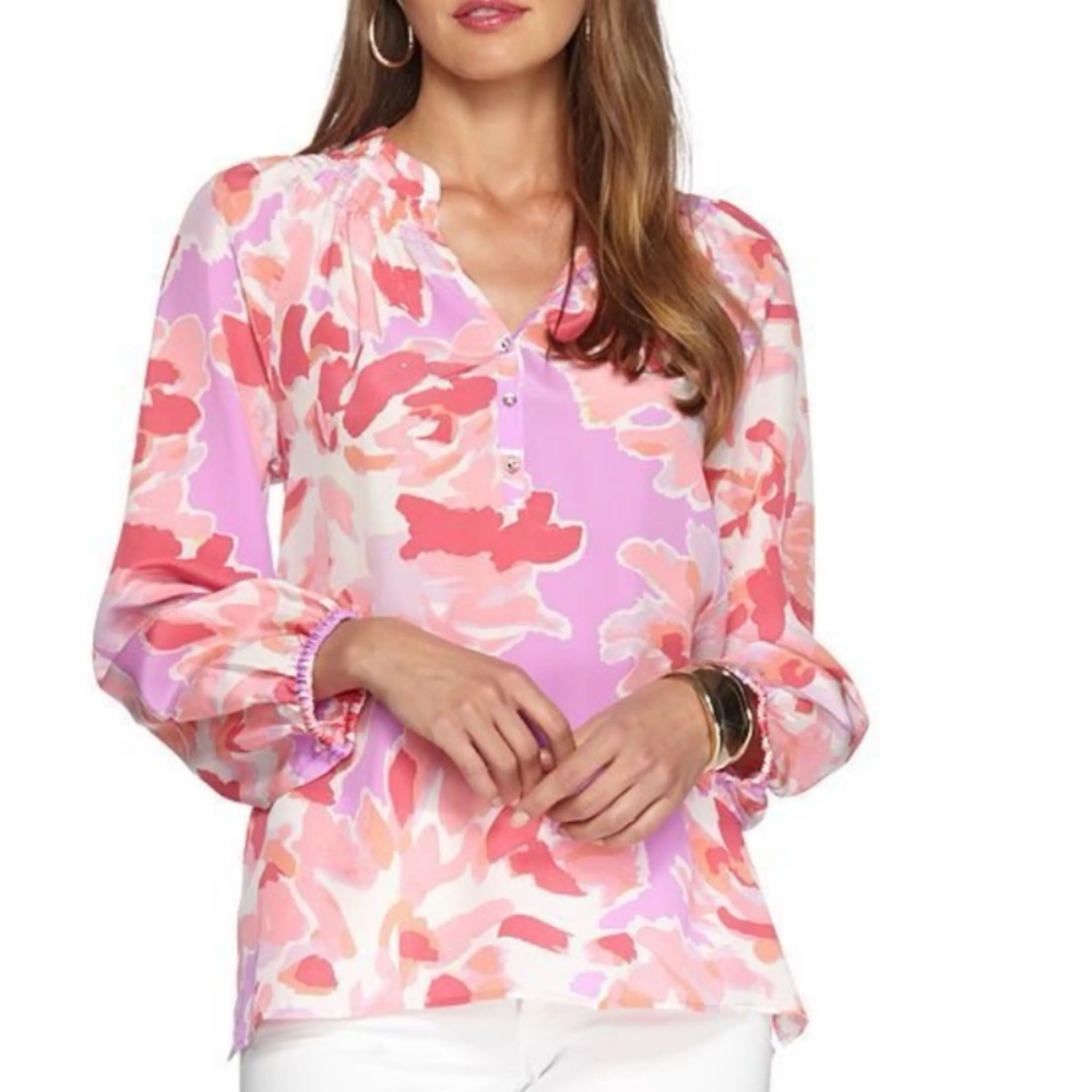 Lilly Pulitzer Elsa Pink Purple 100% Silk Evening Blouse Crystal Buttons…